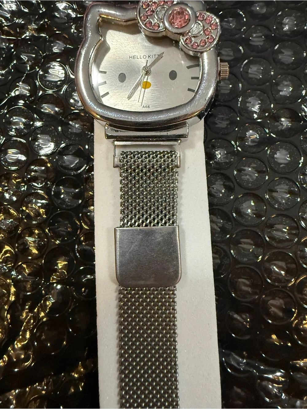 Hello Kitty Silver Mesh Watch with Pink Crystal Bow